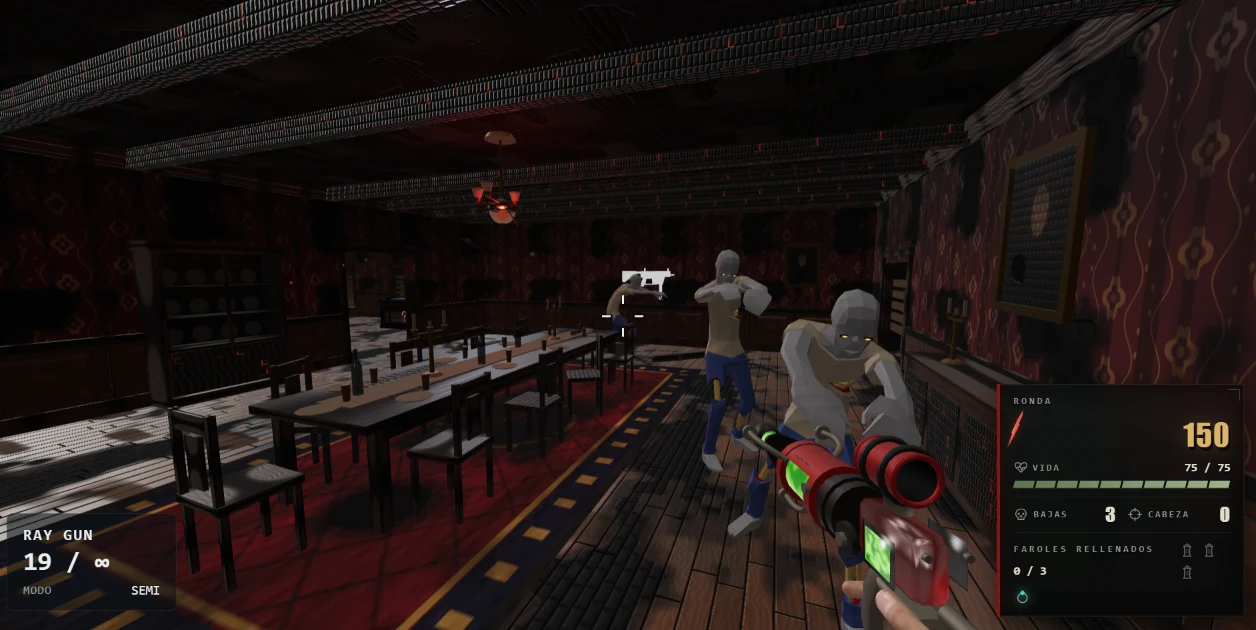 Zombis avanzando por el comedor de Burned Mansion mientras el jugador dispara con la Ray Gun