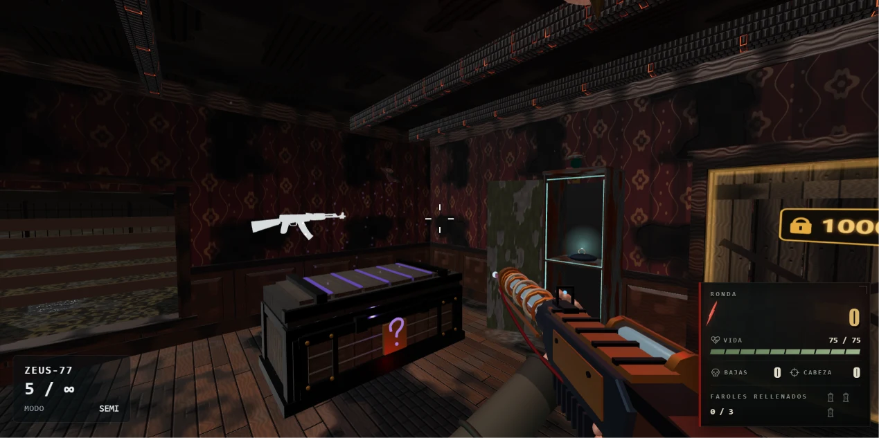 Caja misteriosa en una habitación de Burned Mansion con un fusil y una vitrina iluminada